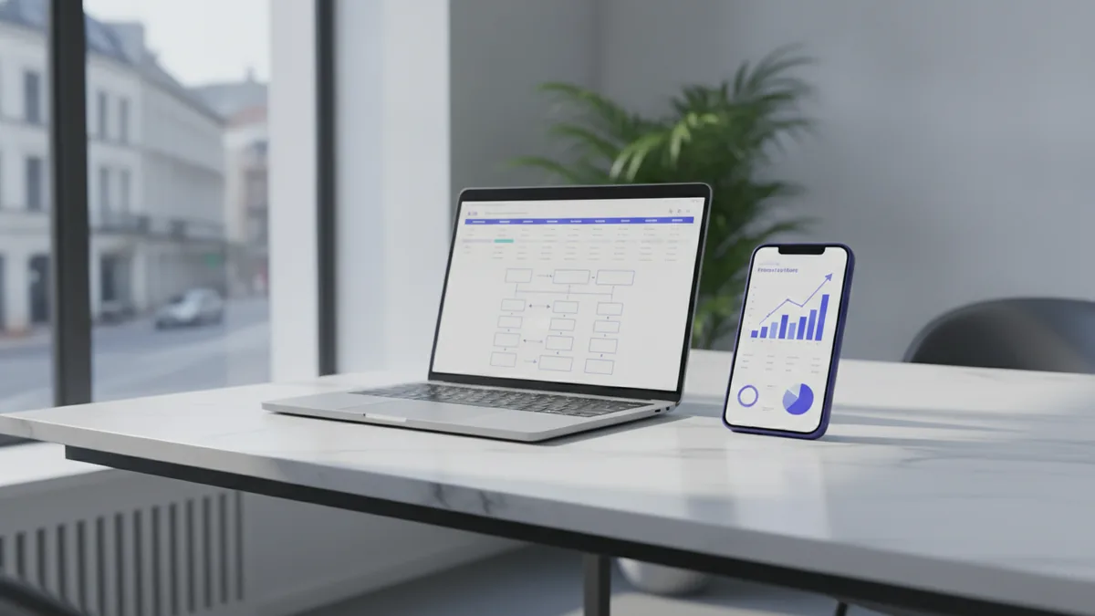Why franchise plans differ A laptop and phone showing planning charts for a franchise business plan