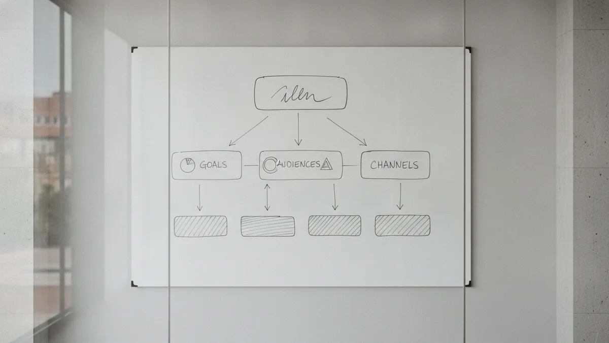 Whiteboard diagram of marketing goals, audience, and channels