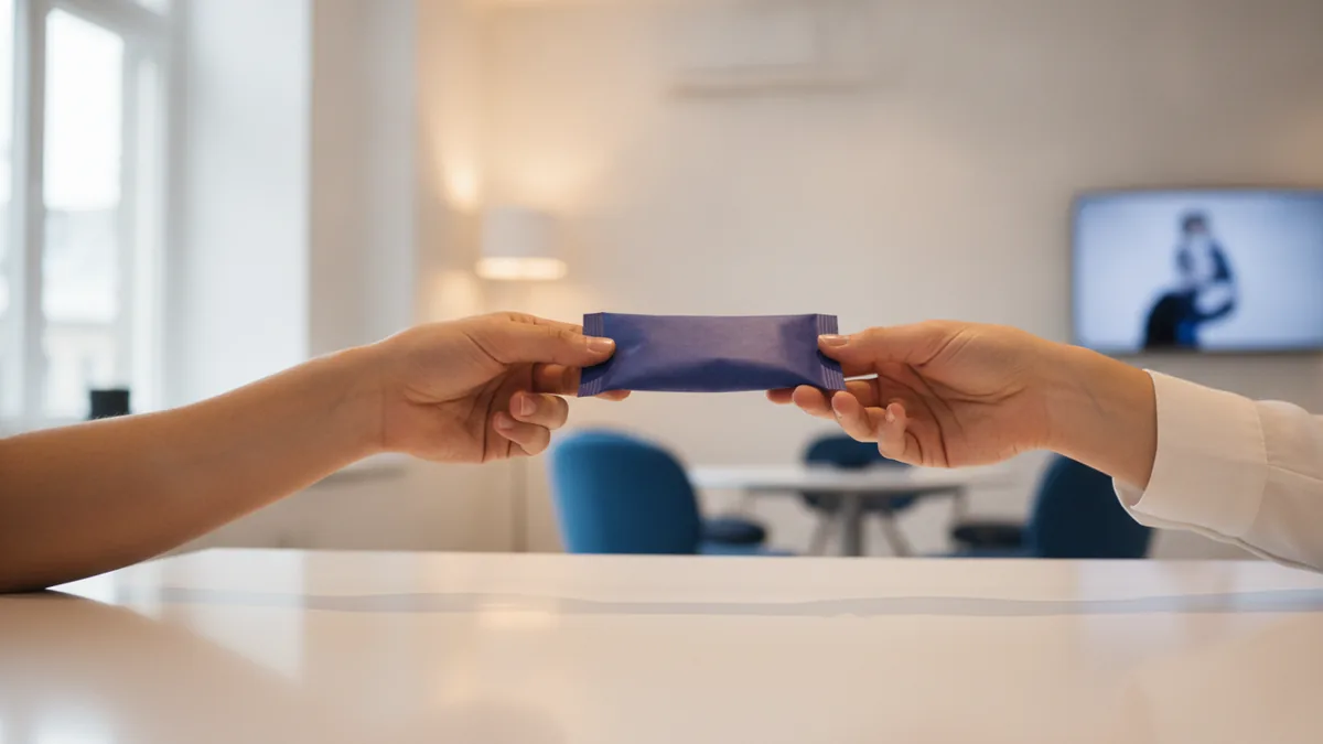 Direct seller handing a package to a customer face-to-face