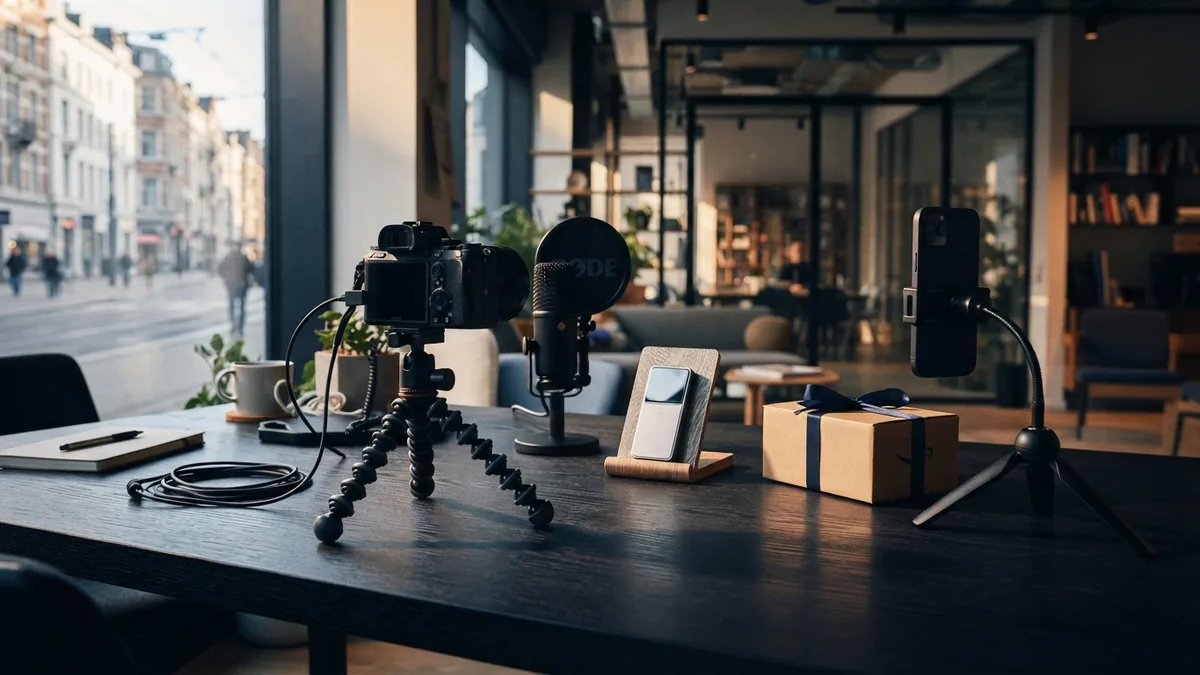Creative video marketing setup Creative video marketing setup with camera, microphone, product sample, and parcel
