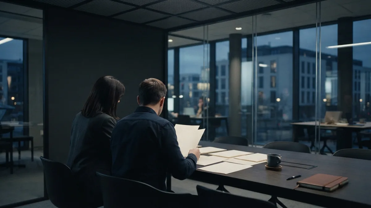 Business owners reviewing eligibility records in a quiet modern meeting room