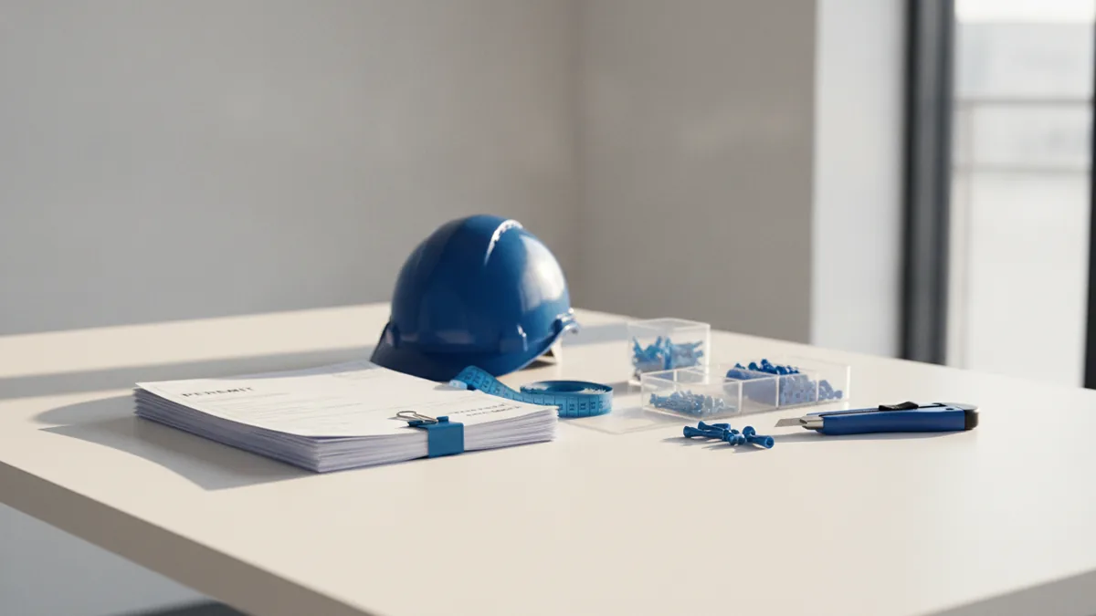 Organizing permits for a new business Shop permit paperwork and safety items arranged on a clean work table