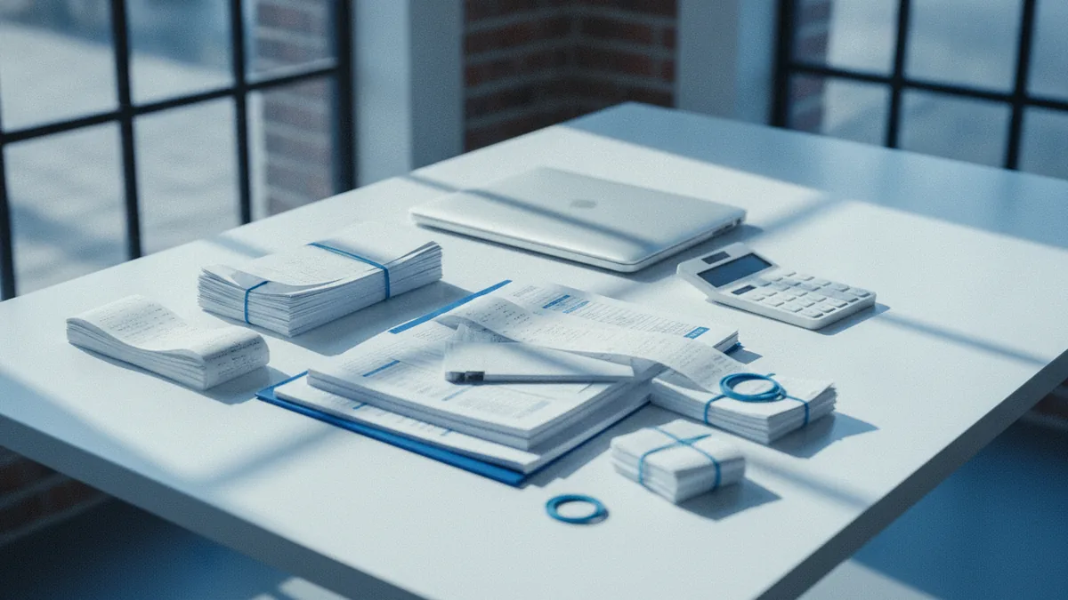 Business banking records and calculator arranged beside a laptop on a desk