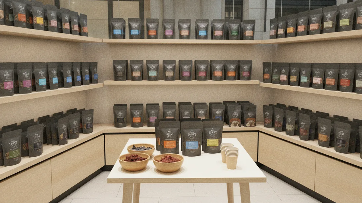 Jerky display with multiple flavor packs at a retail or market stall.