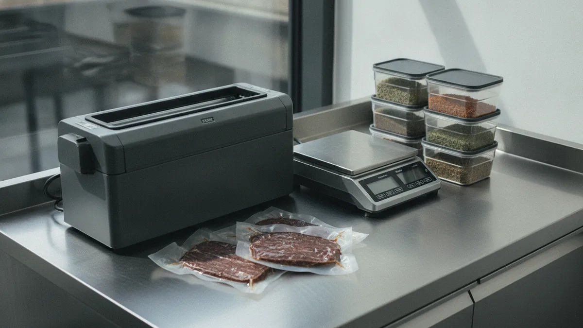 Packaging and food-safe tools Vacuum sealer and food-safe tools ready for packaging beef jerky.