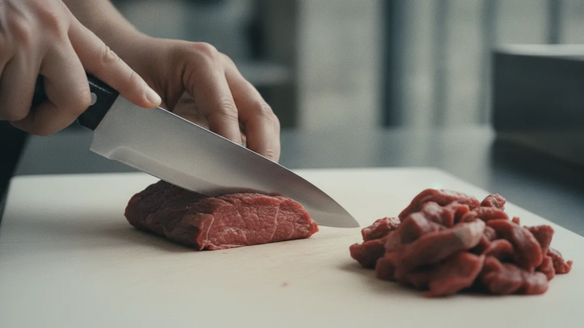 Consistent slicing for texture Slicing beef into uniform strips for consistent jerky drying.