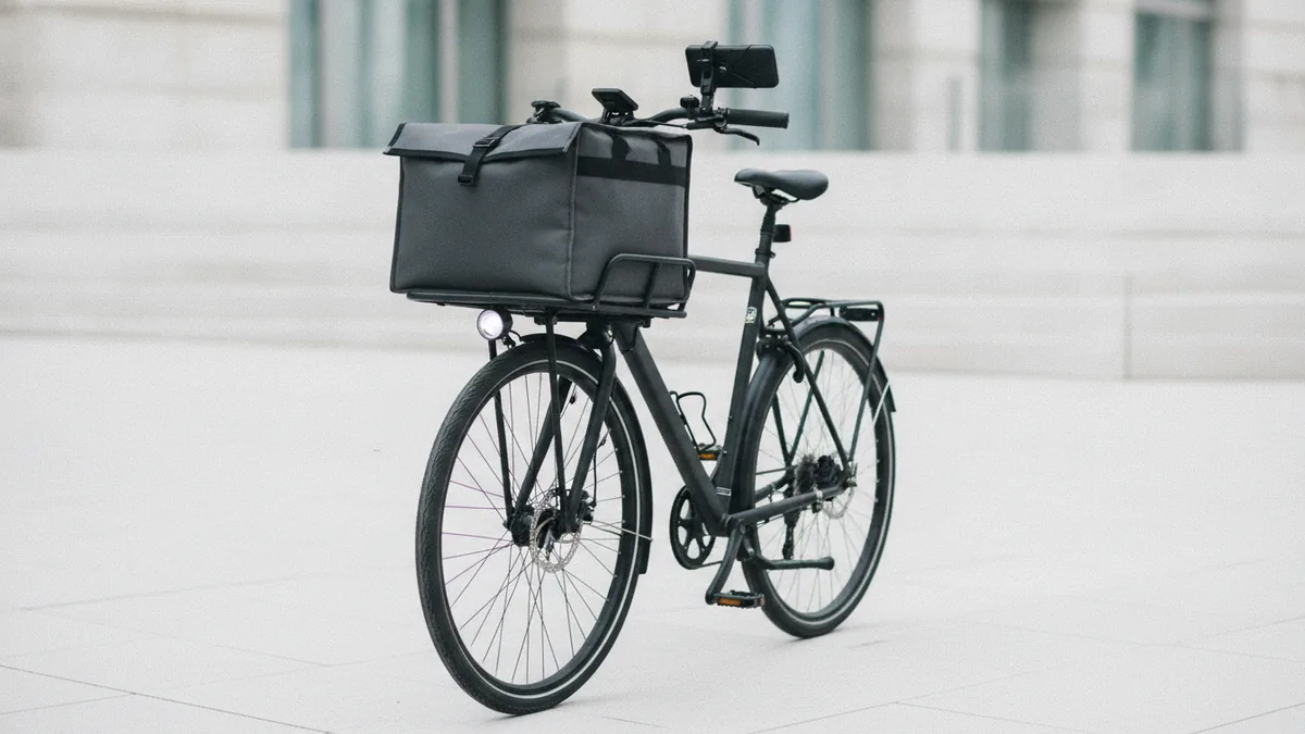 Essential courier gear Delivery bike with insulated bag, lights, and a phone mount for updates