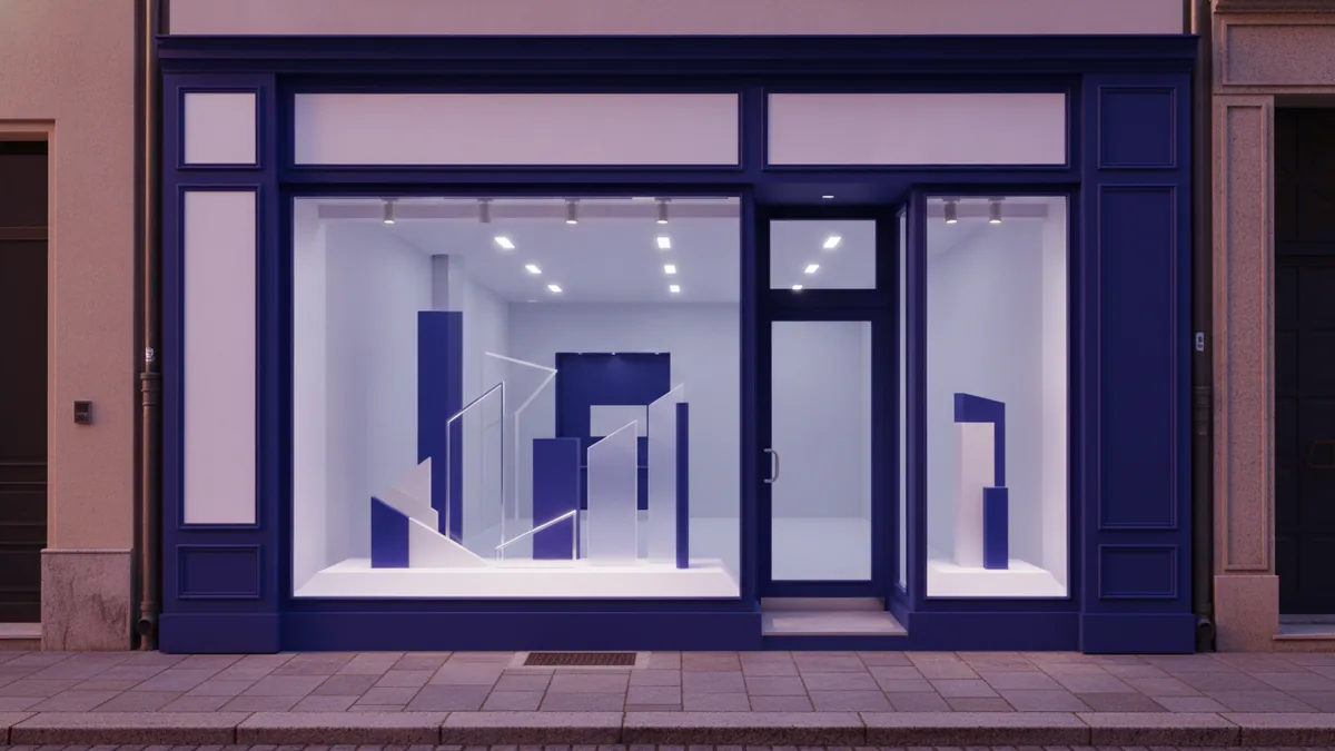 Street view of a visible bridal shop storefront with bright window space