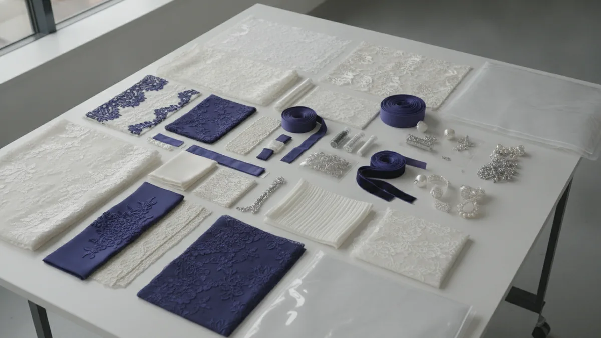 Supplier sourcing and samples Wedding dress fabric samples and accessories laid out for supplier sourcing