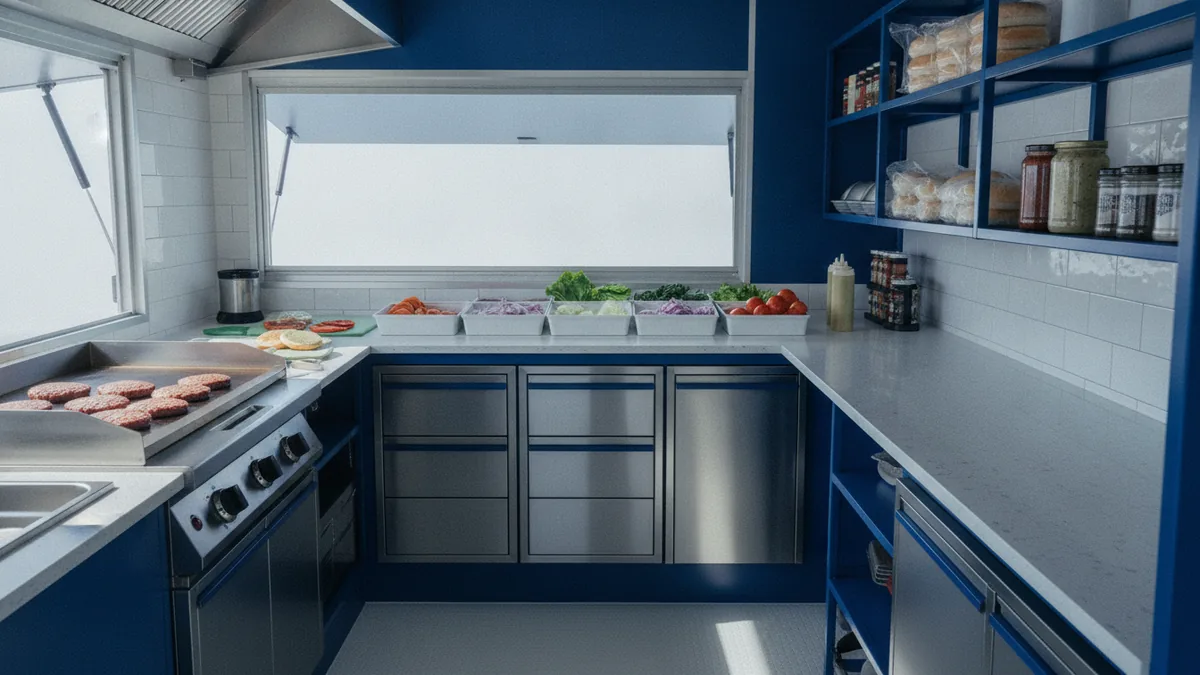 Compact burger food truck kitchen with grill, prep counter, and food supplies
