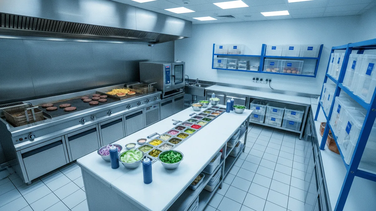 Organized commercial burger kitchen with grill, fryer, fridge, and prep space