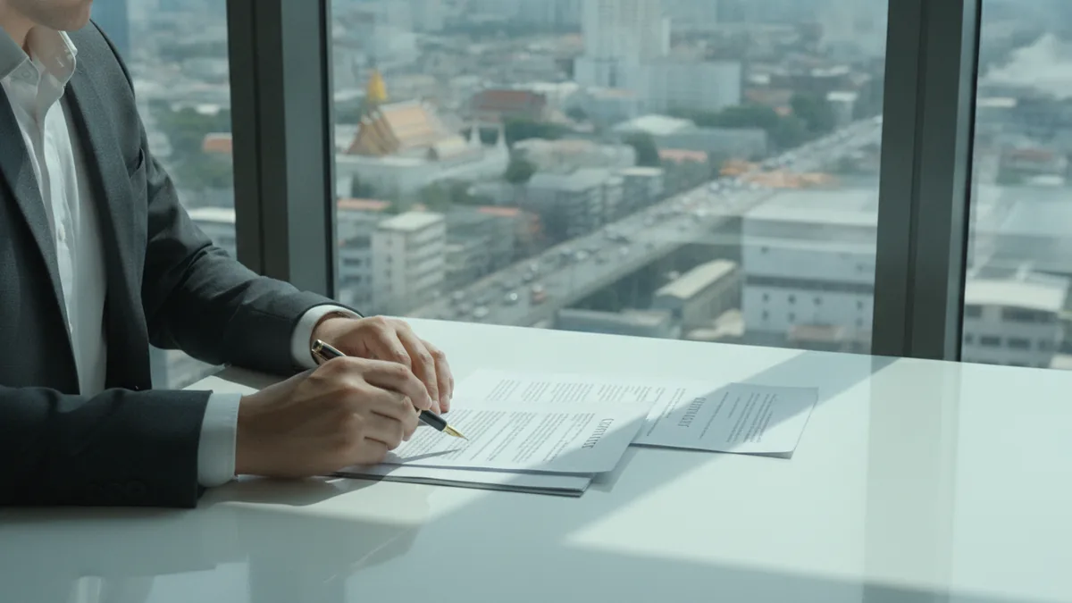 Foreign ownership and legal rules Founder reviewing compliance documents for foreign business rules in Thailand.