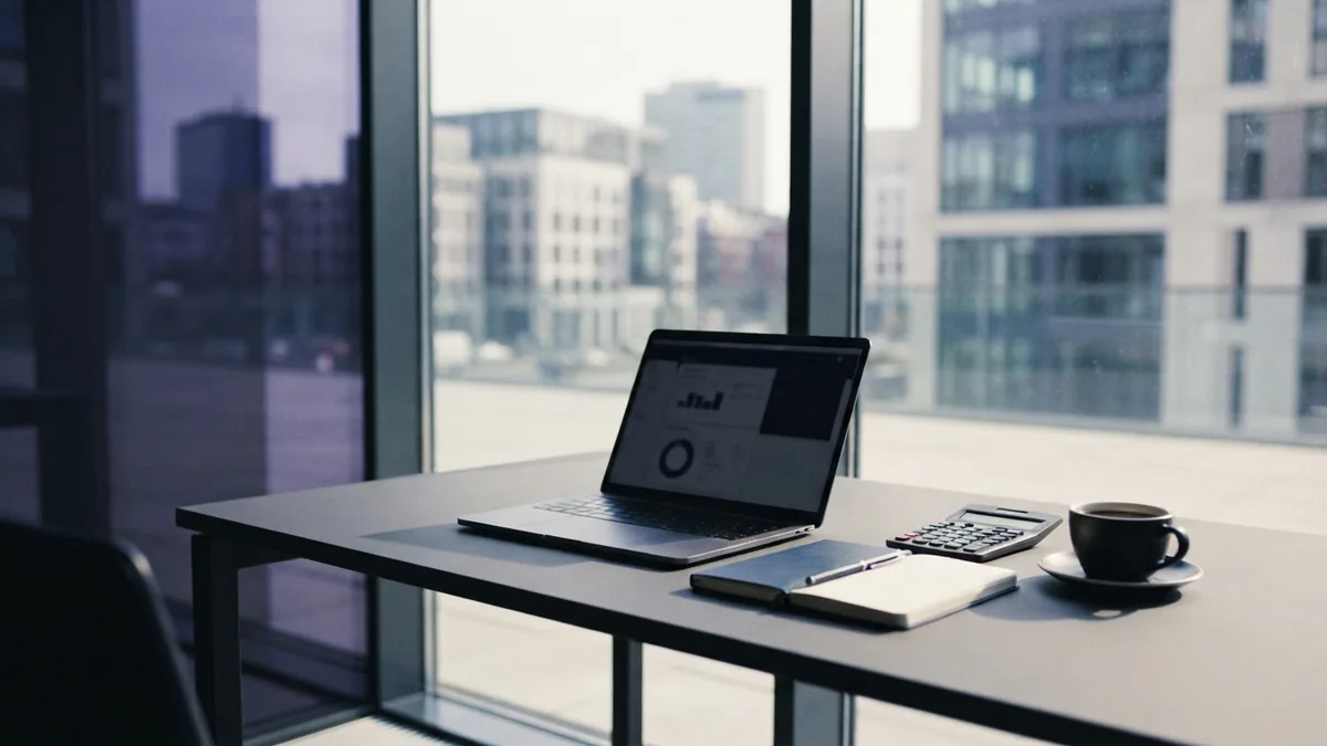 Modern office desk with laptop and notebook for measuring marketing results