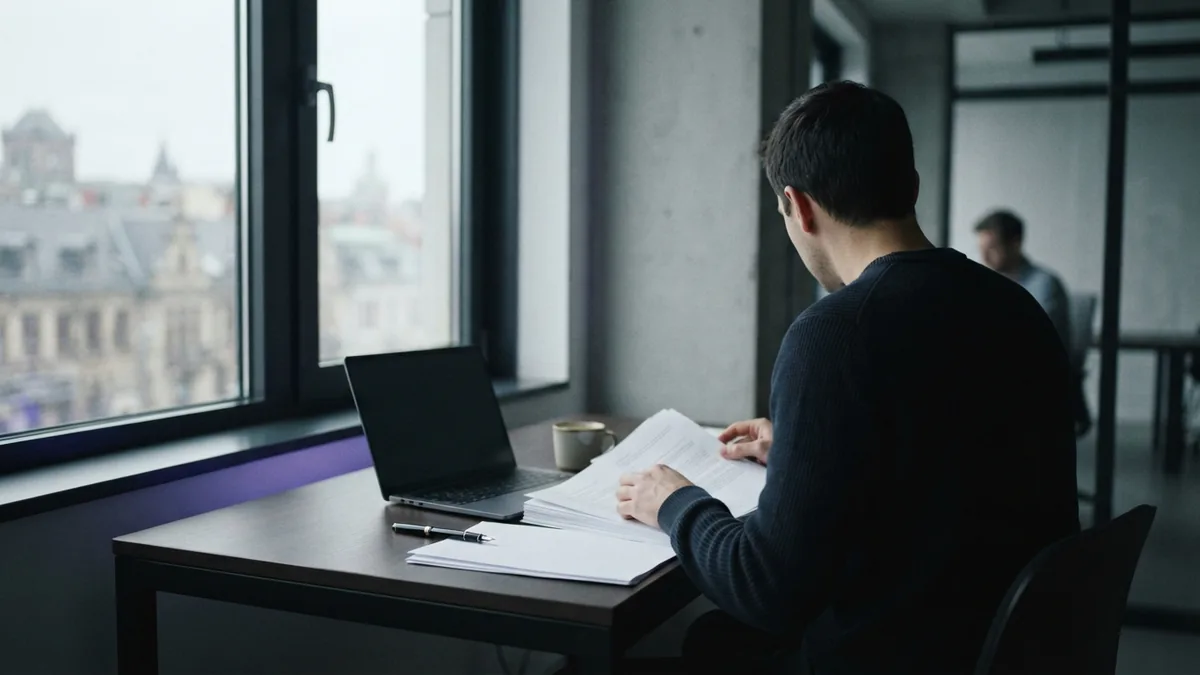 Focused work at a marketing desk Anonymous worker studying marketing notes at a clean European office desk