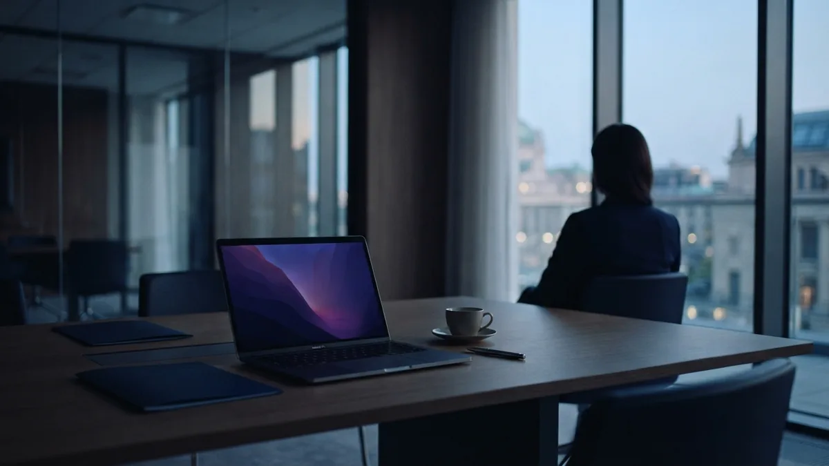 Building a digital marketing portfolio Quiet meeting room with a portfolio workspace and distant professional figure