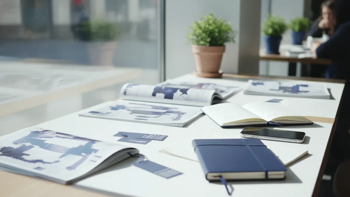 Researching fashion preferences with lookbooks, notes, and a smartphone.