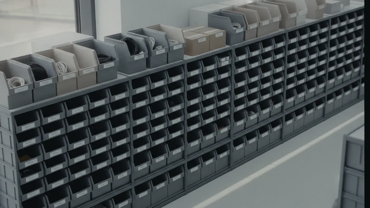 Labeled bins and organized component stock for inventory management