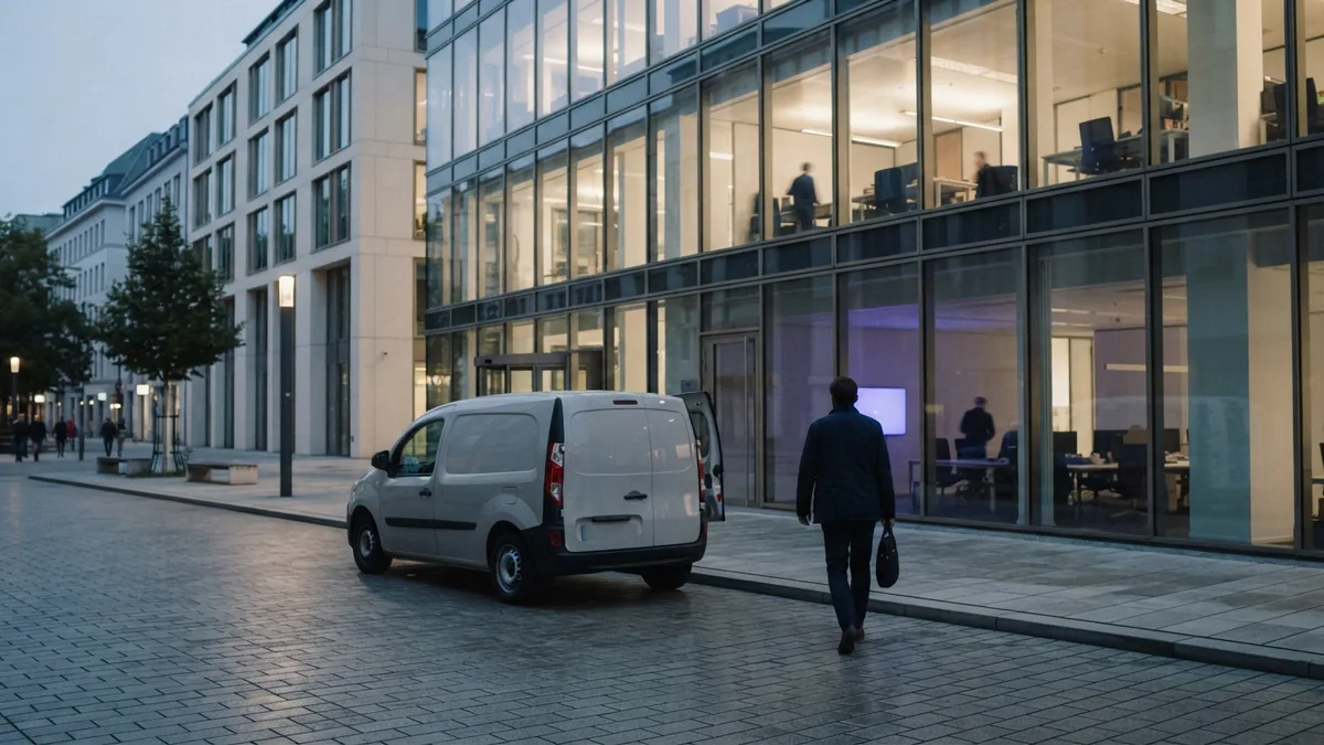 A courier van in a quiet city setting Compact courier van outside a modern European office building at day