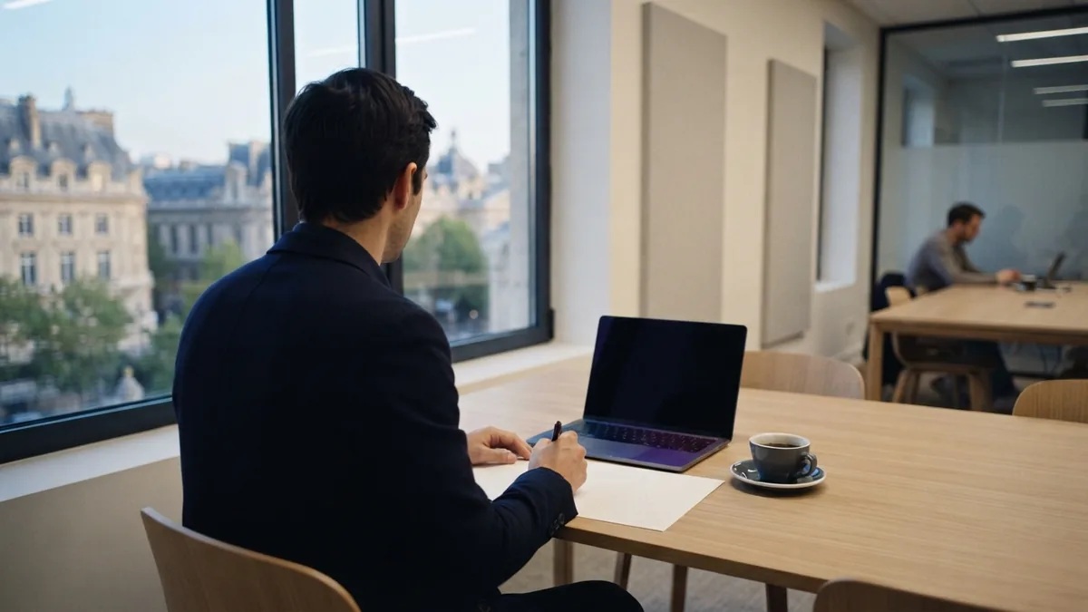 A focused courier planning meeting Business planning scene with a laptop and coffee in a quiet meeting room