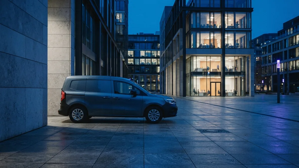 Delivery vehicle beside modern European architecture during a calm blue hour