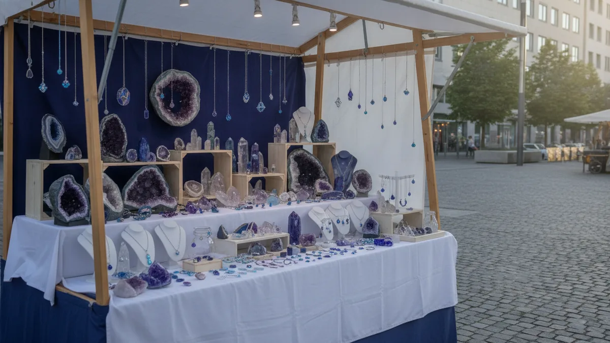 Crystal products at a small market stall with home decor and jewelry