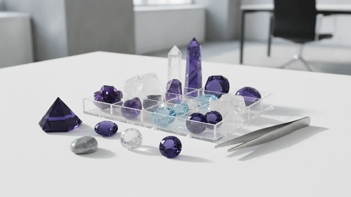 Quality sourcing process Crystal samples sorted to compare cuts, polish, and clarity