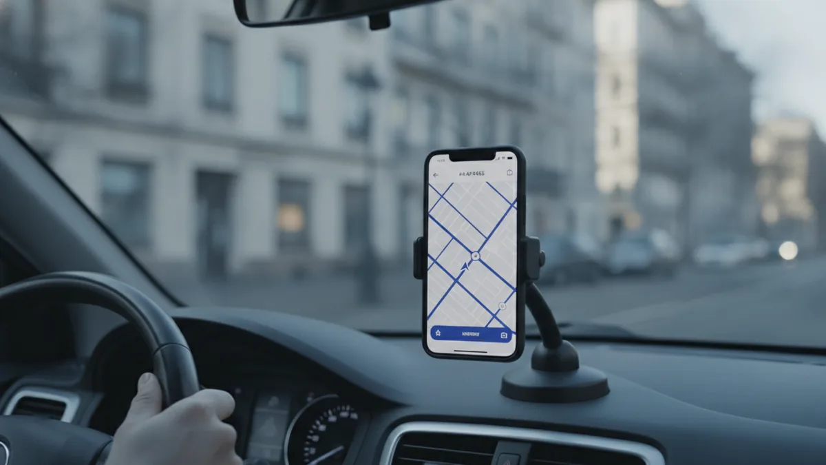 Driver planning routes on a phone while traveling through the city