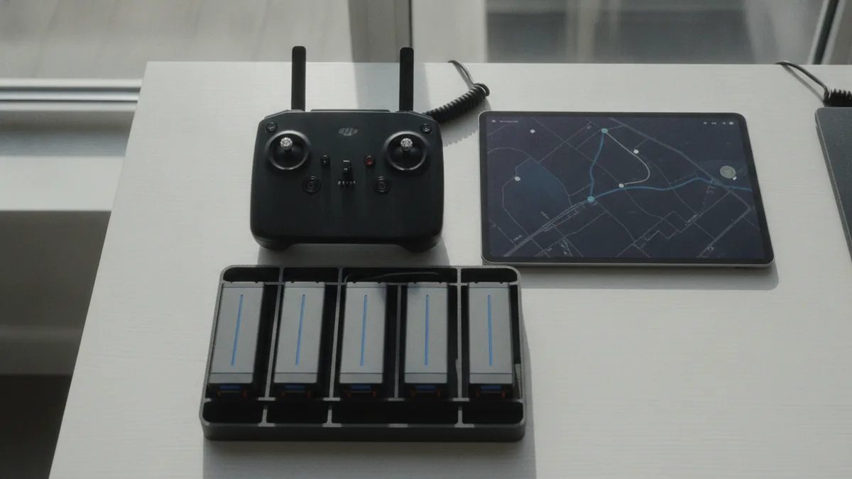 Plan your launch Organized drone business workbench with controller and charging gear on a desk