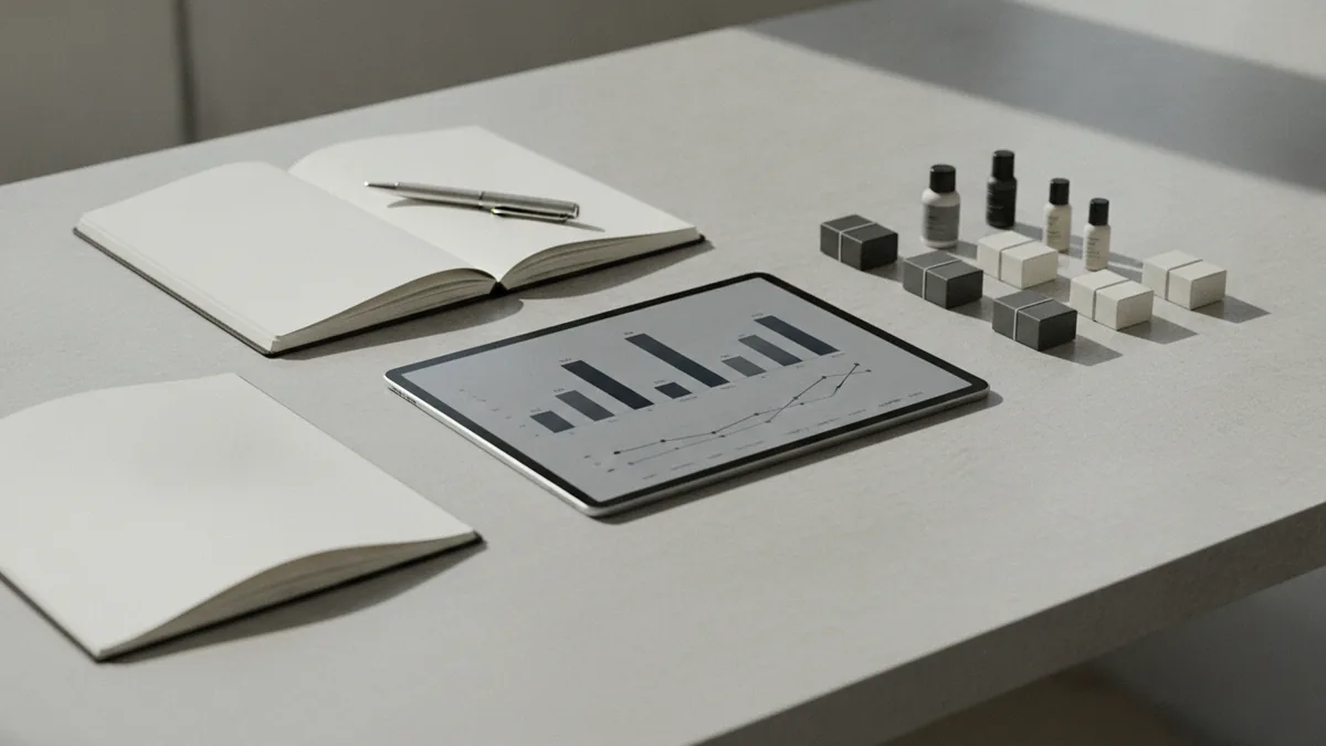 Desk scene showing organized research tools and product samples for customer trend study.