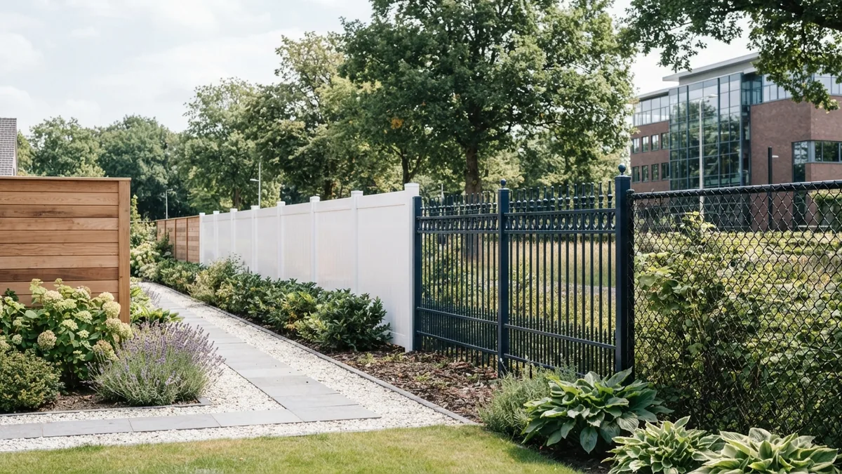 Common fence styles for new contractors Residential wood and vinyl fence styles displayed along a landscaped property boundary