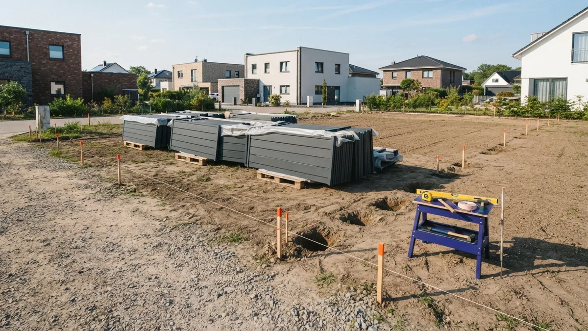 Prepared fence installation site Fence crew measuring a property line beside stacked panels and prepared post holes