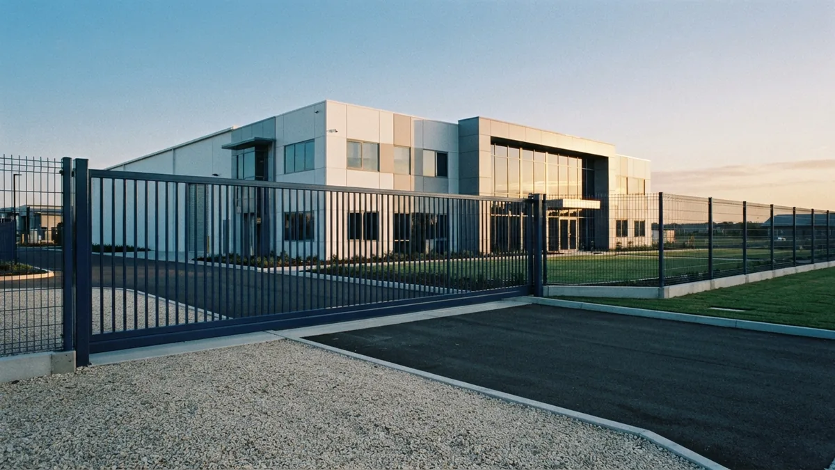 Finished commercial fence project Completed commercial security fence with gate beside a well-kept business property