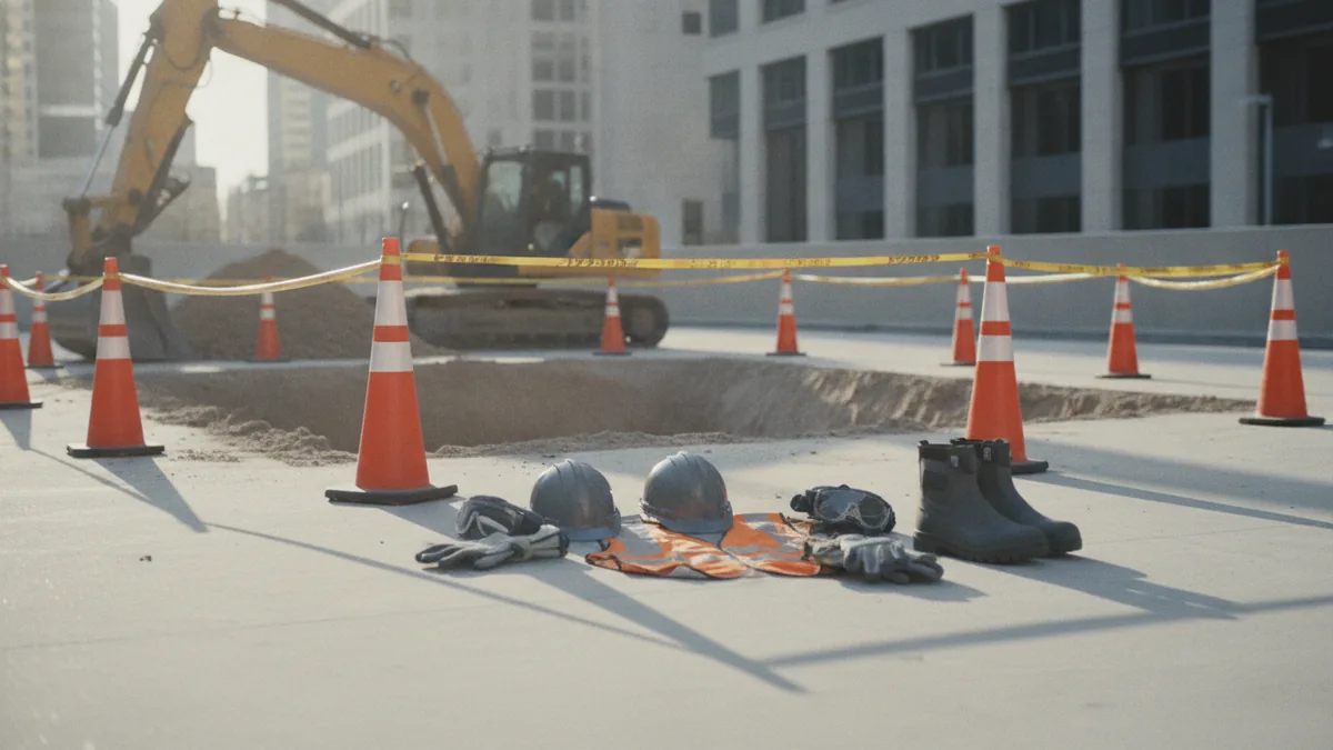Safety gear and marked work area for reducing utility strike risk