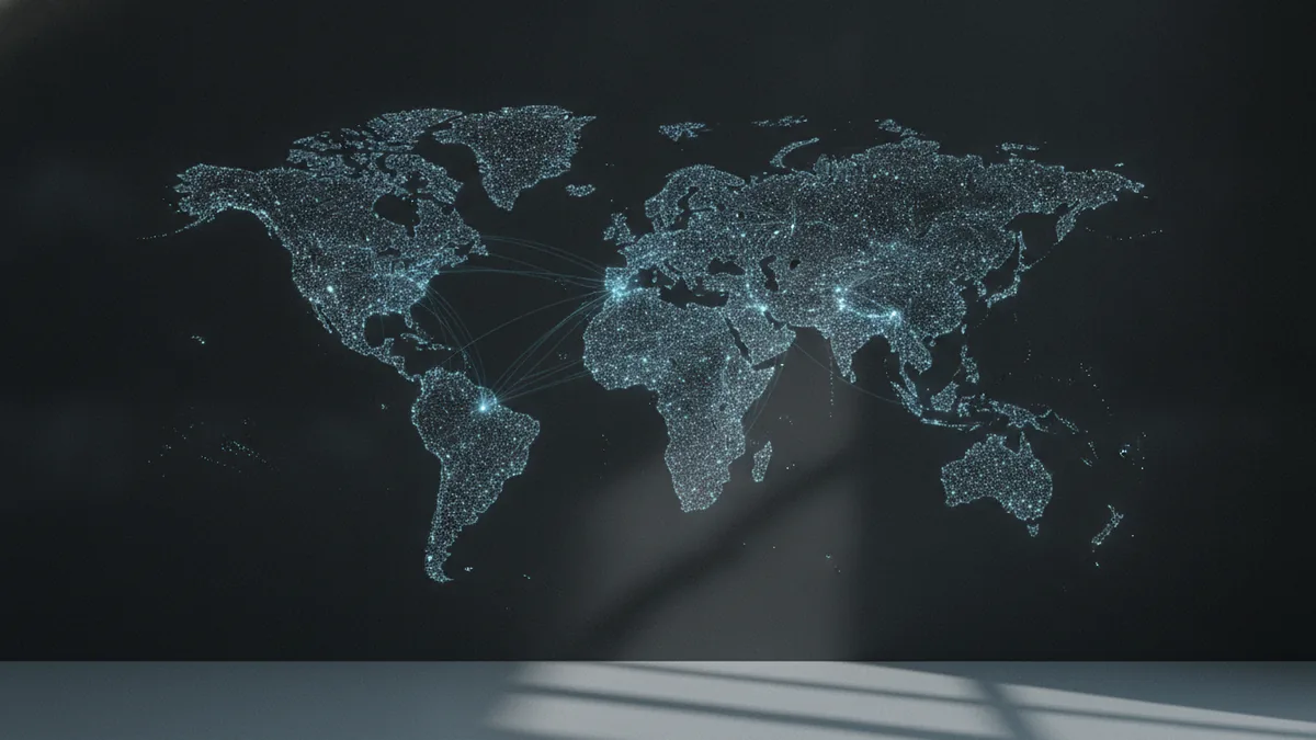 Global demand and flows Worldwide currency exchange routes shown with glowing points on a dark map