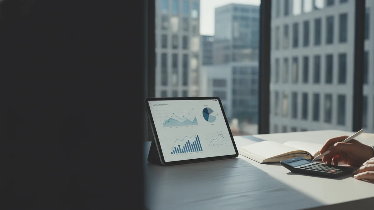 Planning growth and margins Reviewing transaction performance on a tablet with calm desk lighting