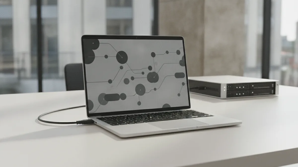 Server and laptop setup representing operational systems for trading