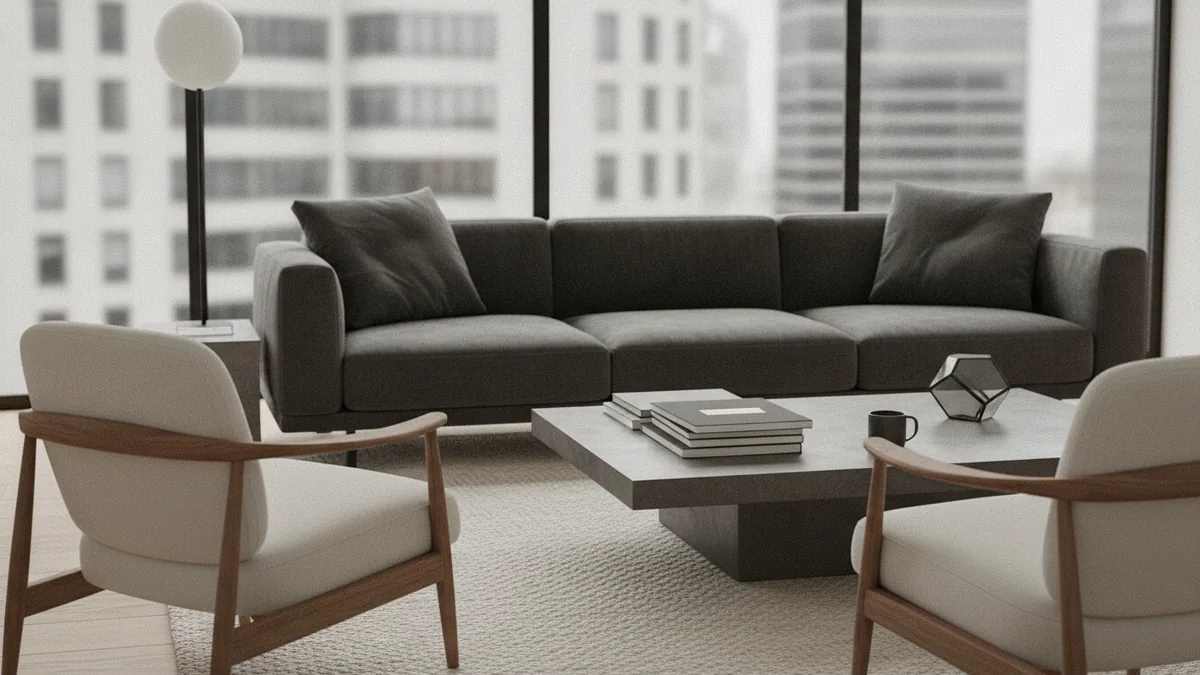 Staged room showing modern furniture styles and finishes for buyers
