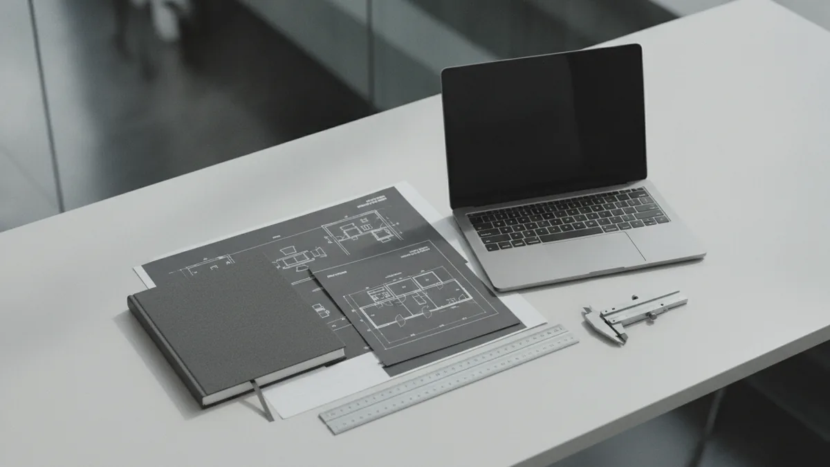 Plan costs, pricing, and sales forecasts Planning desk setup with notes and measuring tools for a furniture business plan