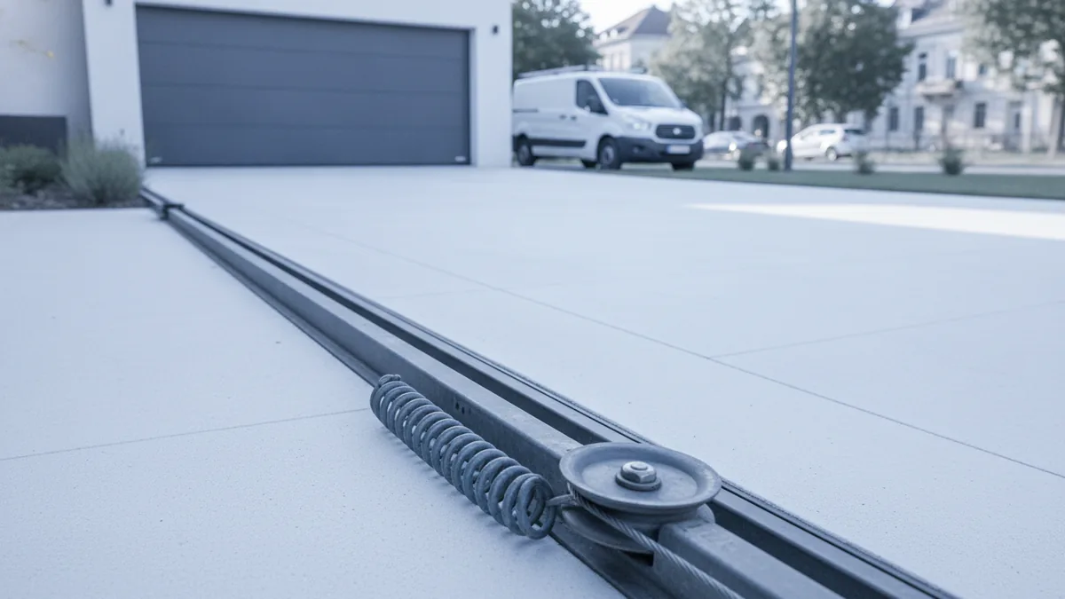Begin with the right plan Arriving service vehicle beside a garage door with repair parts visible