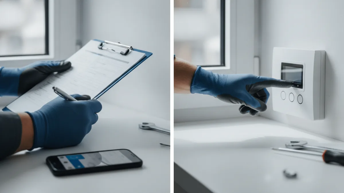 Technician diagnosing a garage door opener and hardware with focused care