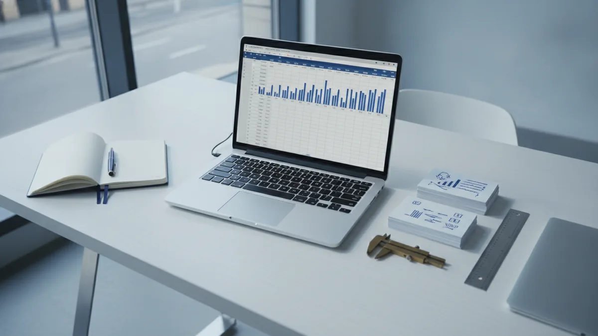 Organized contractor workspace with laptop and planning notes for financial management