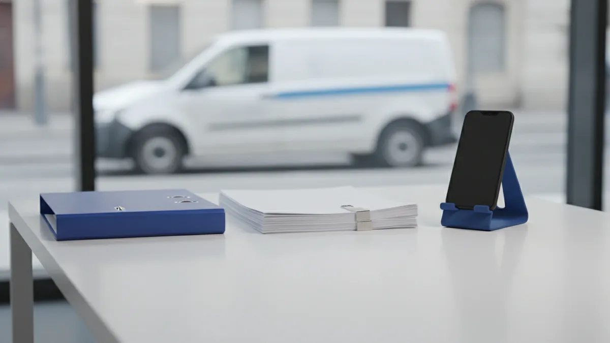 Contractor office desk with paperwork and a service vehicle visible through a window