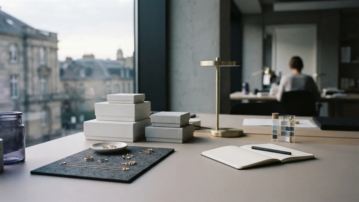 Jewelry brand design workspace Gold jewelry samples and packaging arranged in a quiet design studio