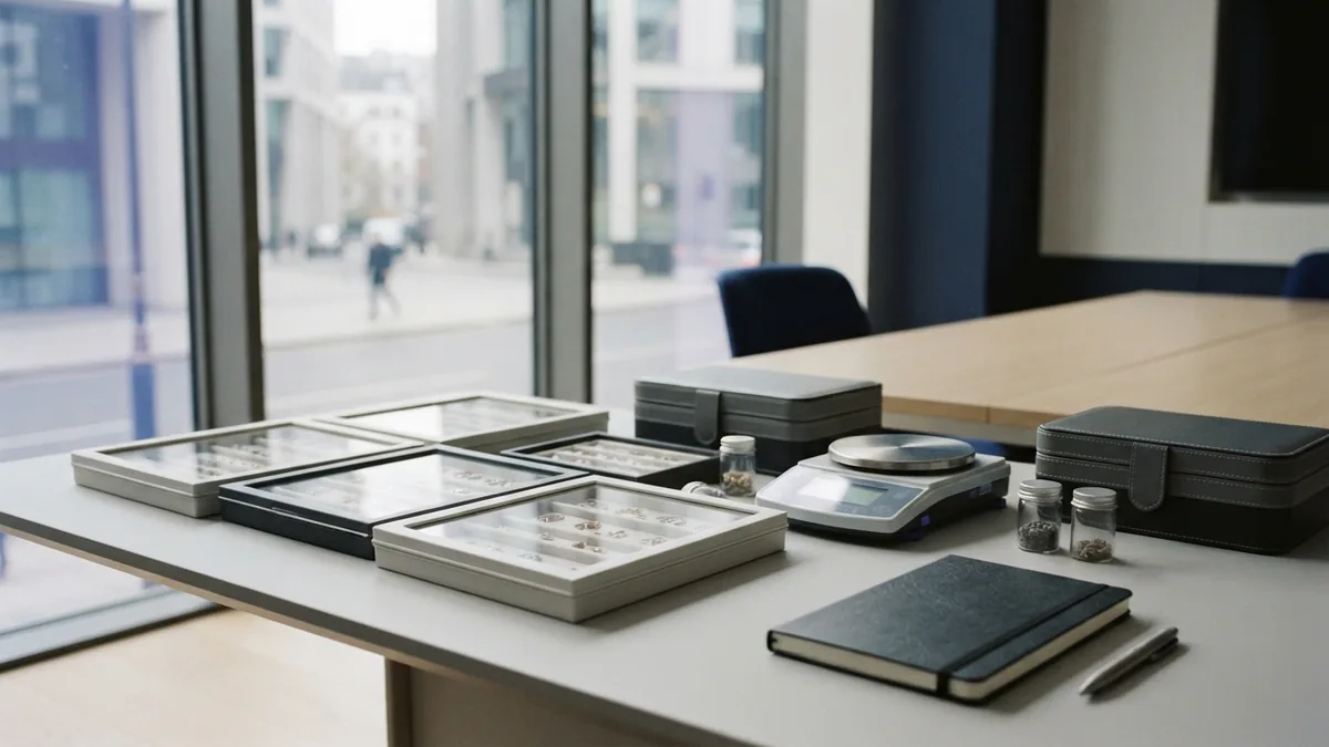 Jewelry supplier samples and weighing tools on a modern business desk