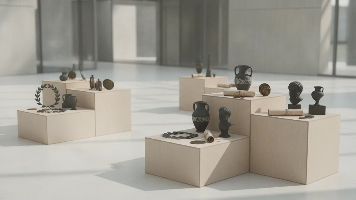 Neatly arranged Greek paraphernalia items at a campus-style event