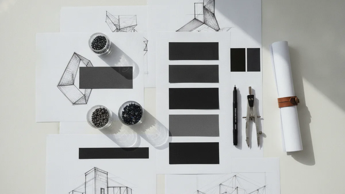 Design sketching and color planning materials spread across a desk