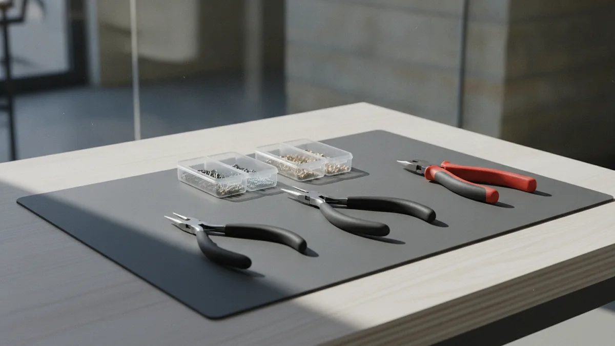 Pliers and wire cutters laid out on a workbench with organized storage