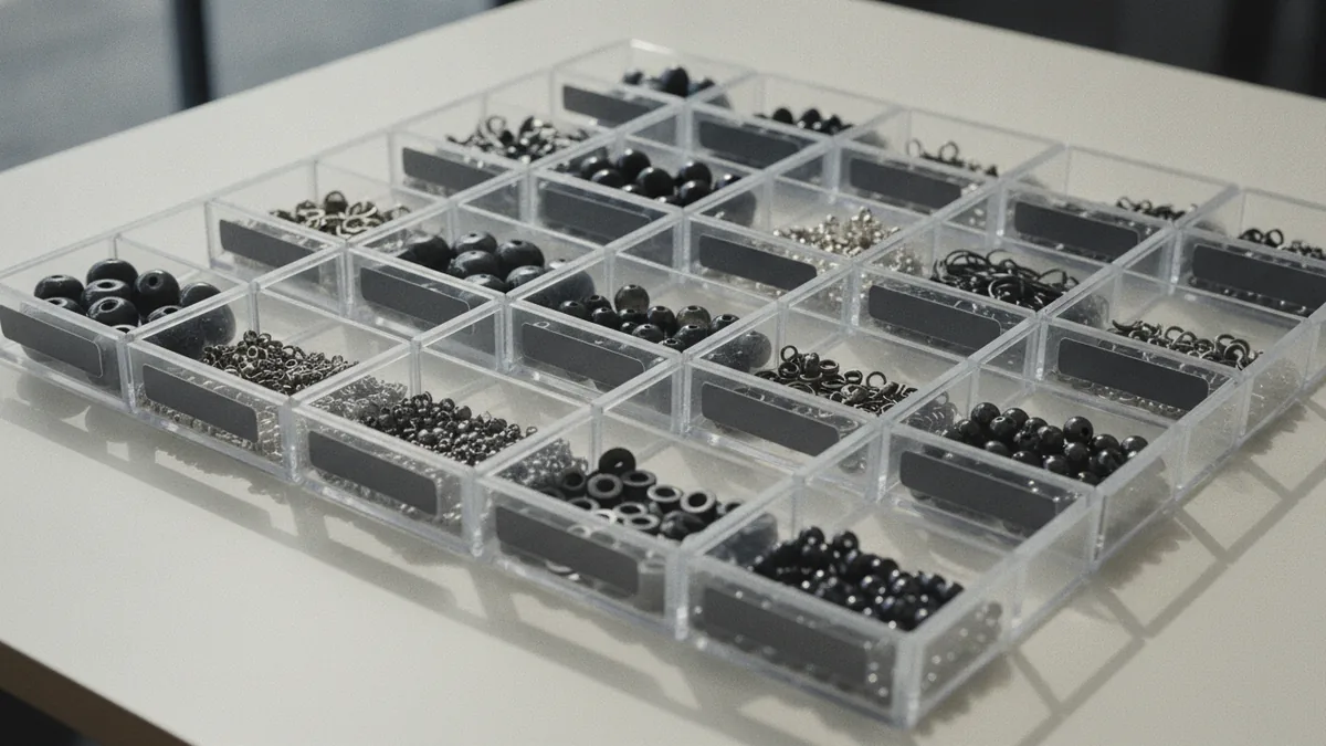Quality materials Sorted jewelry findings and beads in compartments under bright, crisp light