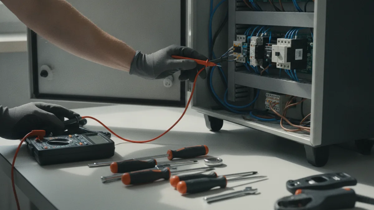 Technician using diagnostic tools to troubleshoot an HVAC control panel