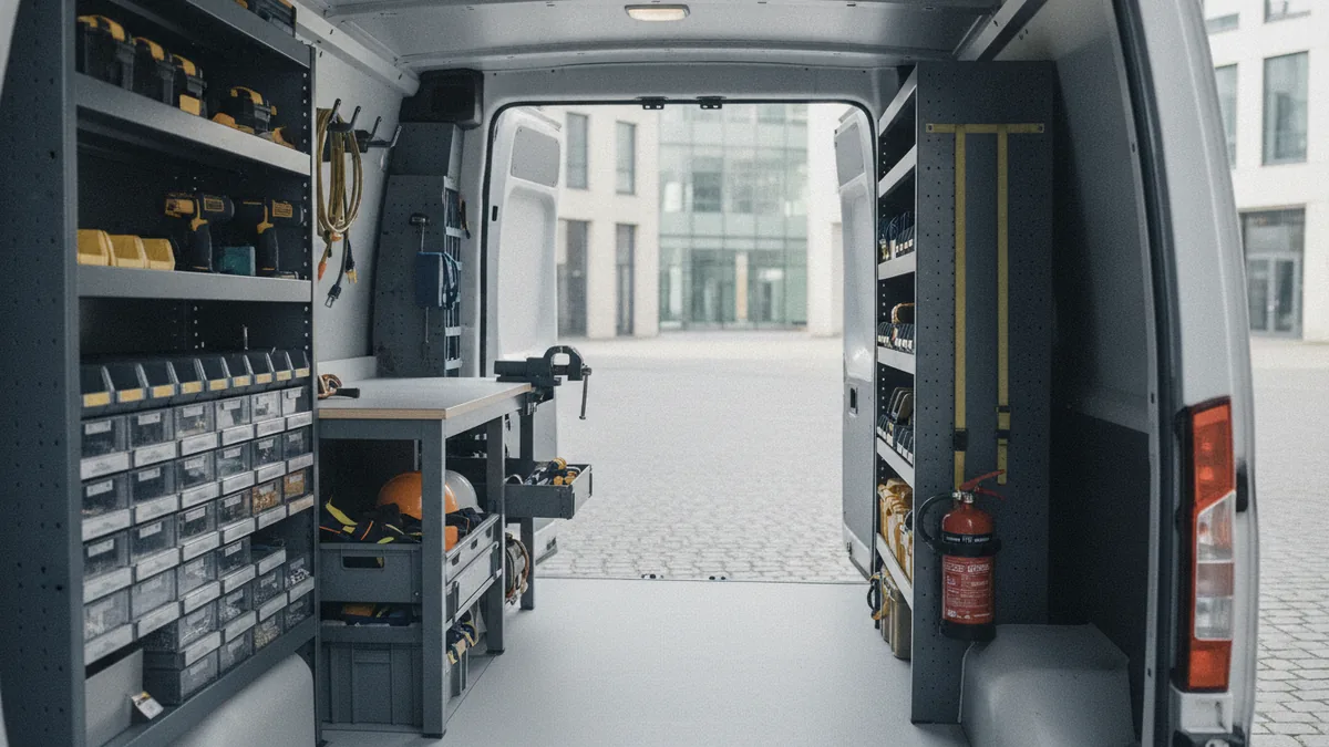 Startup readiness for HVAC Prepared HVAC service vehicle with tools and safety gear organized